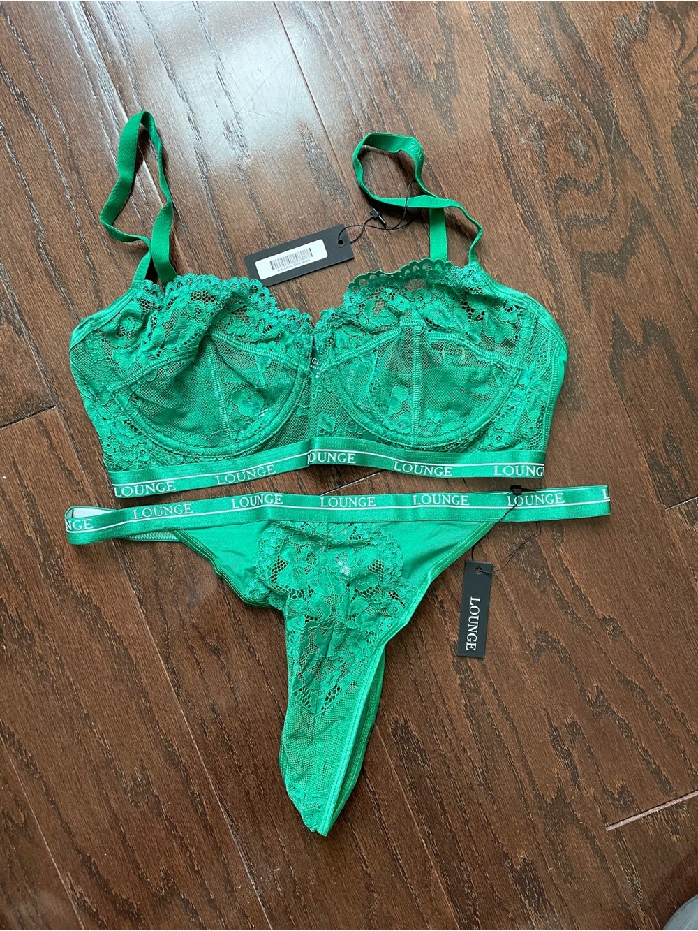 Lounge Lace Underwire Bralette & Thong Set in Emerald Green